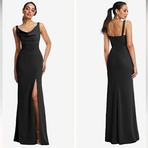 Dessy Group Thread Cowl-Neck Wide Strap Crepe Trumpet Black Maxi Dress NWT